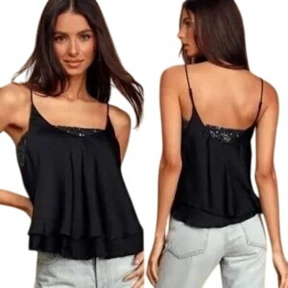 Free People Tops - Free People Turn It On Black Sequin Satin Cami